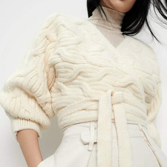 NWT Zara Ecru Cable Knit Wrap Cardigan w/ Hem Tie - Picture 6 of 6